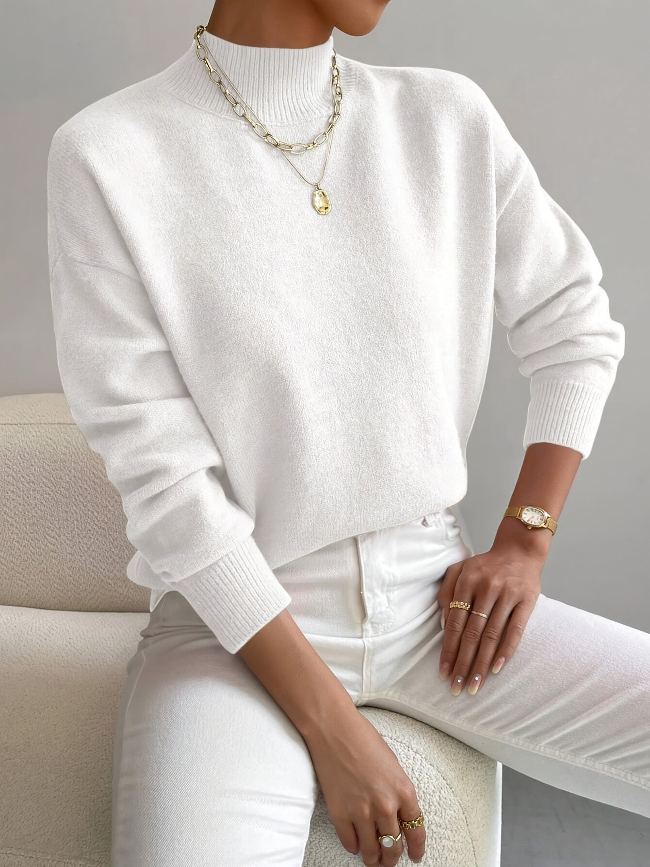 Donna™ classic turtleneck sweater, white, ribbed cuffs and hem.
