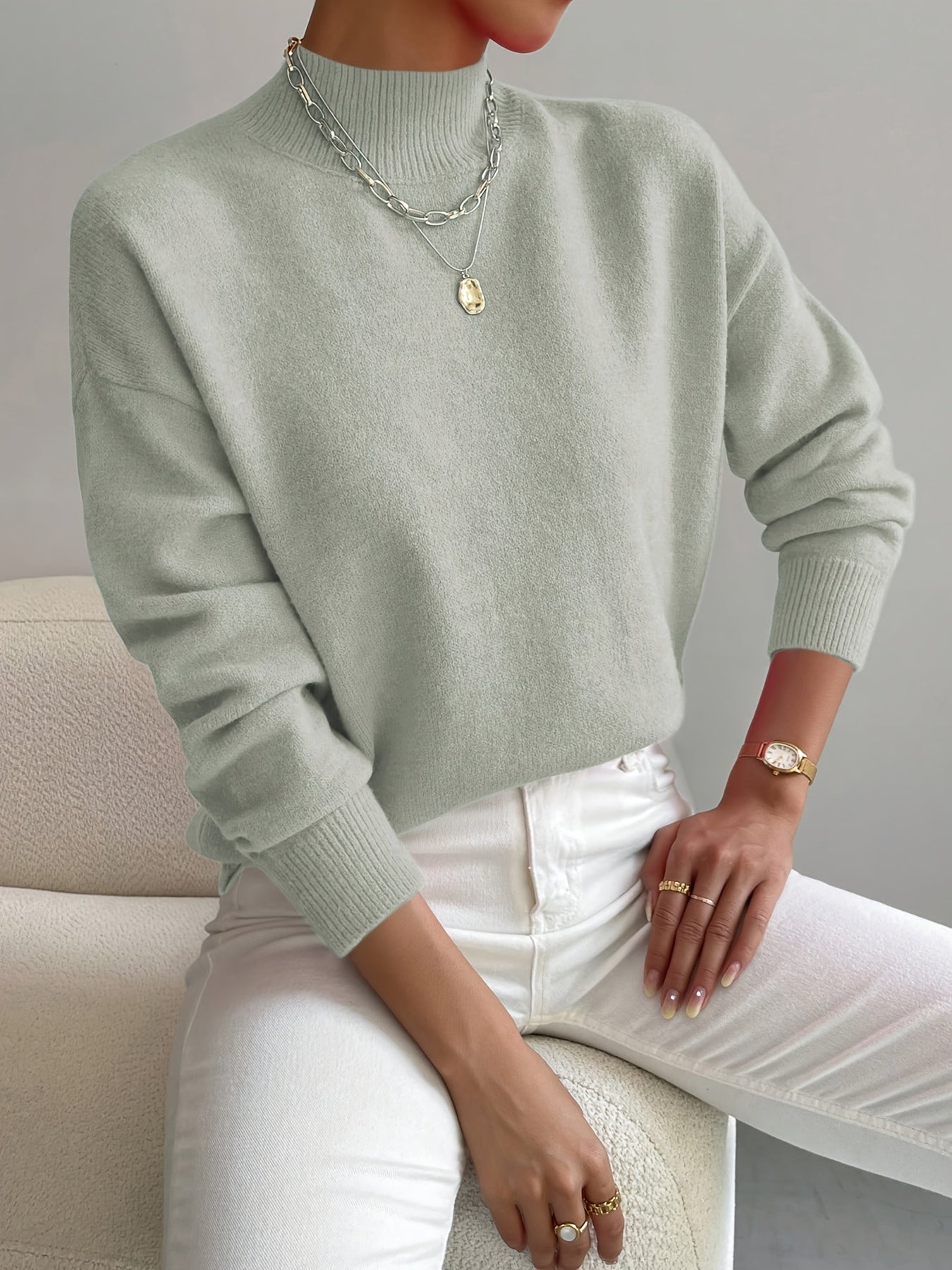 Donna™ classic turtleneck sweater, light green, ribbed cuffs and hem.