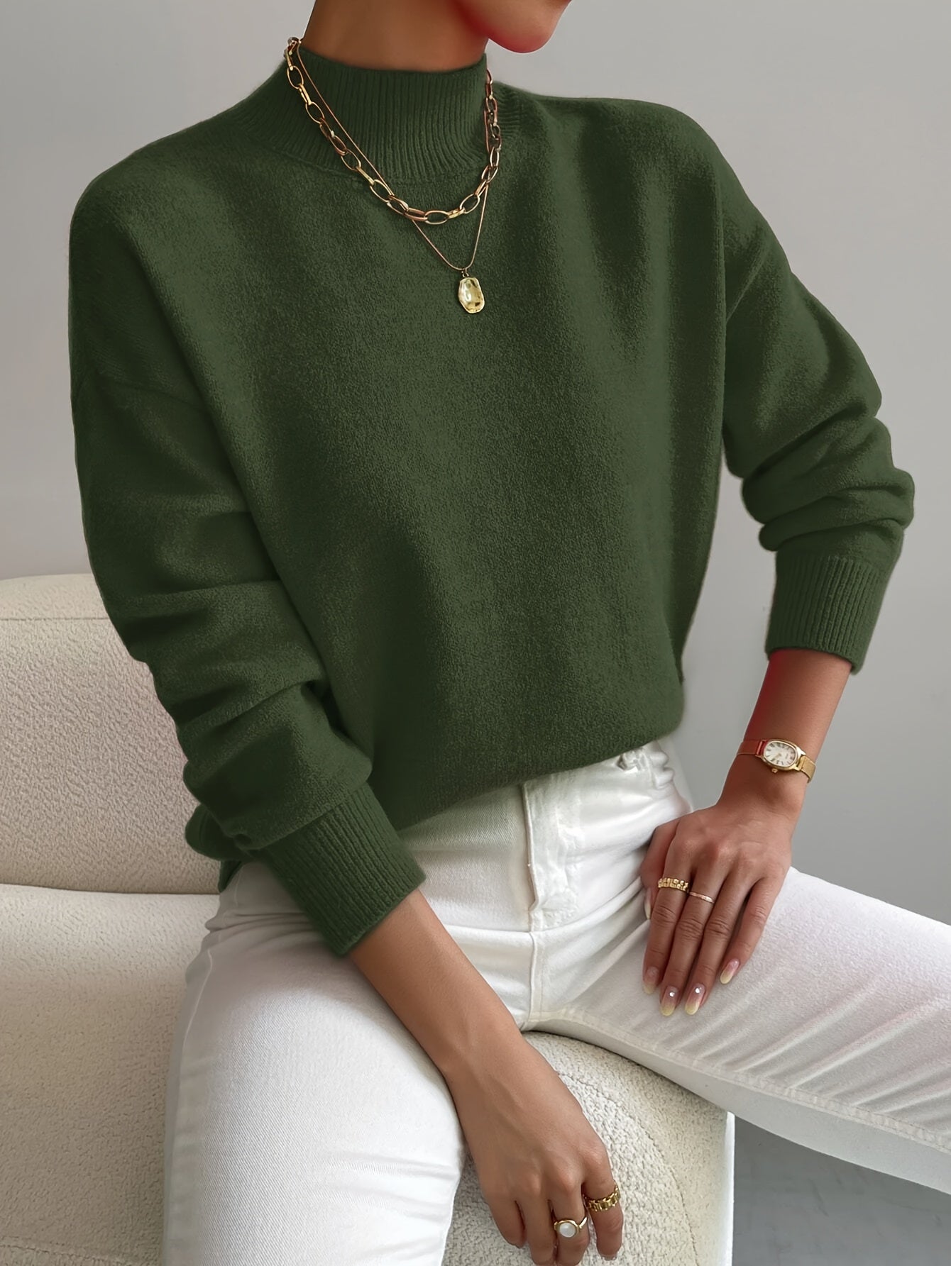 Donna™ classic turtleneck sweater, dark green, ribbed cuffs and hem.