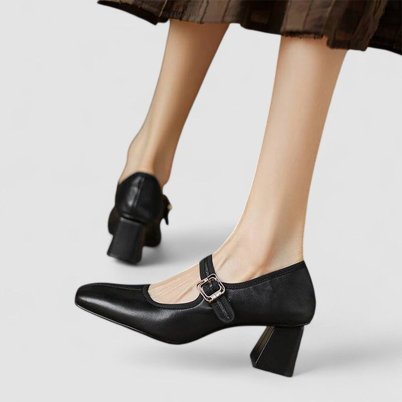 Black orthopedic Mary Jane heeled shoes with side buckle strap