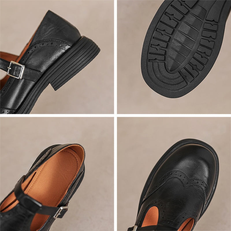 Black Mary Jane shoe close-up: buckle strap, leather-look upper, and tread sole