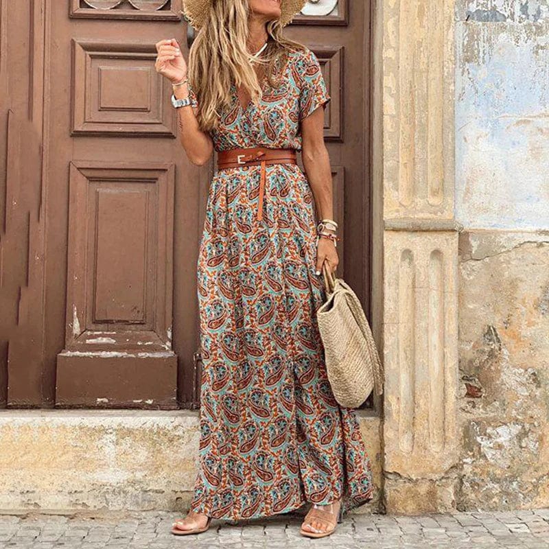 Sanne™ maxi boho dress with paisley print and matching belt, short sleeves