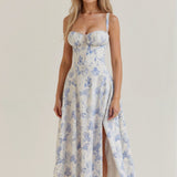 Light blue floral waist dress with square neckline and spaghetti straps