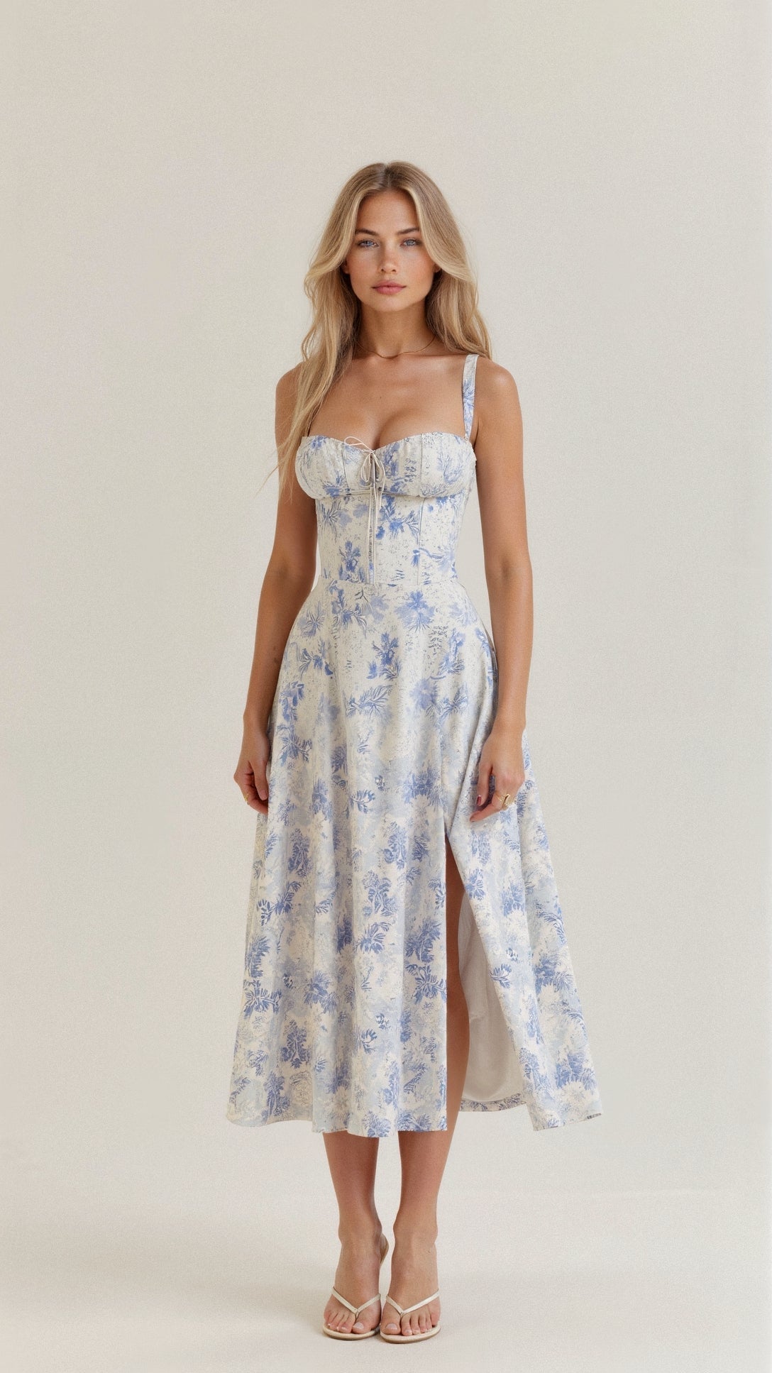 Light blue floral waist dress with square neckline and spaghetti straps