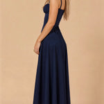 Navy solid waist dress with square neckline and fitted bodice
