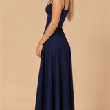 Navy solid waist dress with square neckline and fitted bodice