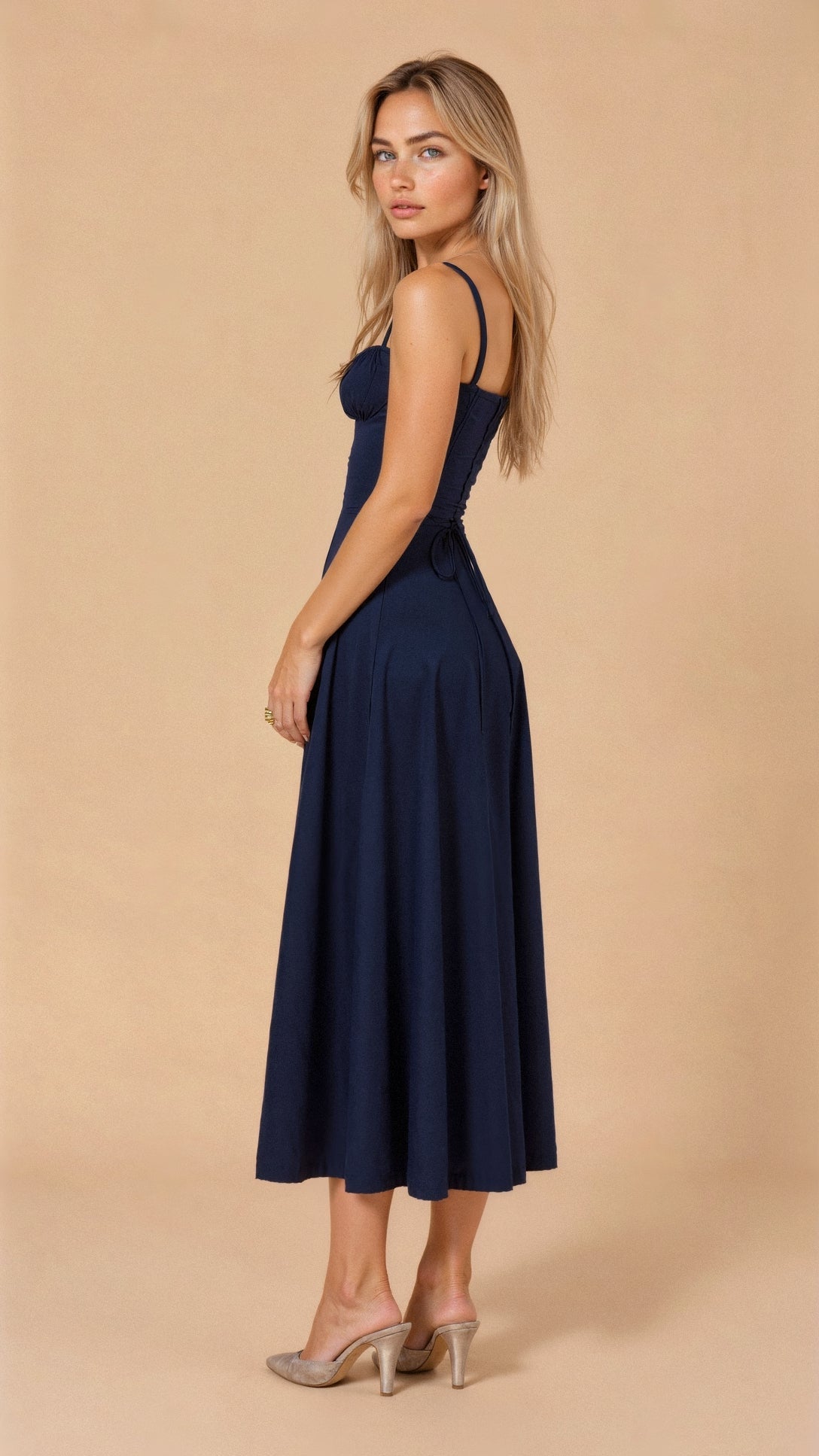 Navy solid waist dress with square neckline and fitted bodice