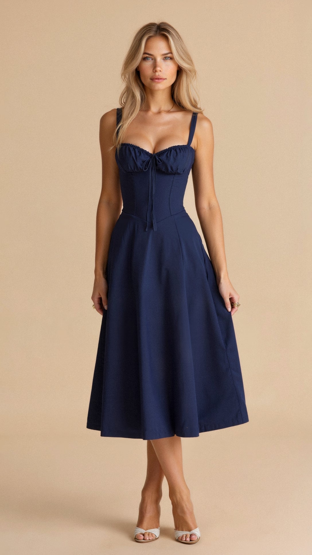 Navy midi dress with spaghetti straps, ruched sweetheart neckline, gathered waist, sleeveless