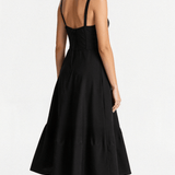 Black A-line waist dress with spaghetti straps and open back