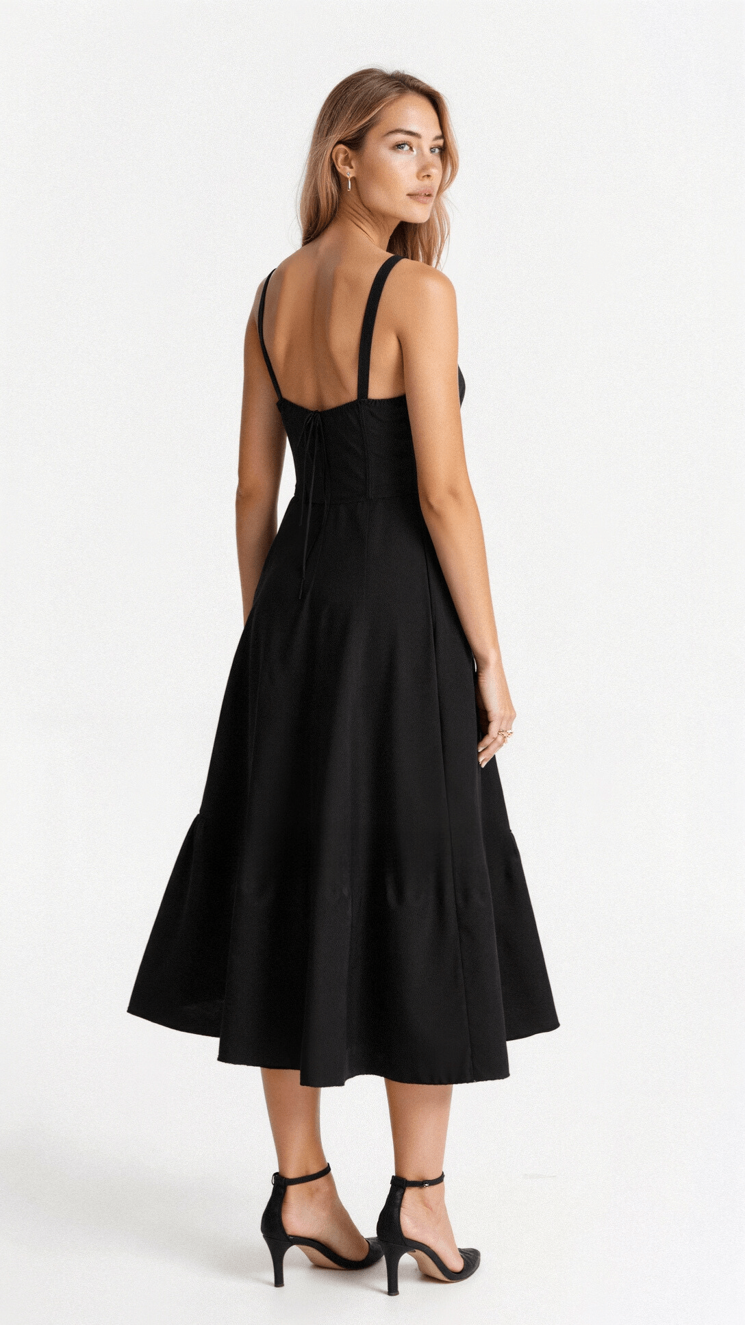 Black A-line waist dress with spaghetti straps and open back