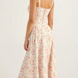 White floral waist dress with square neckline and spaghetti straps