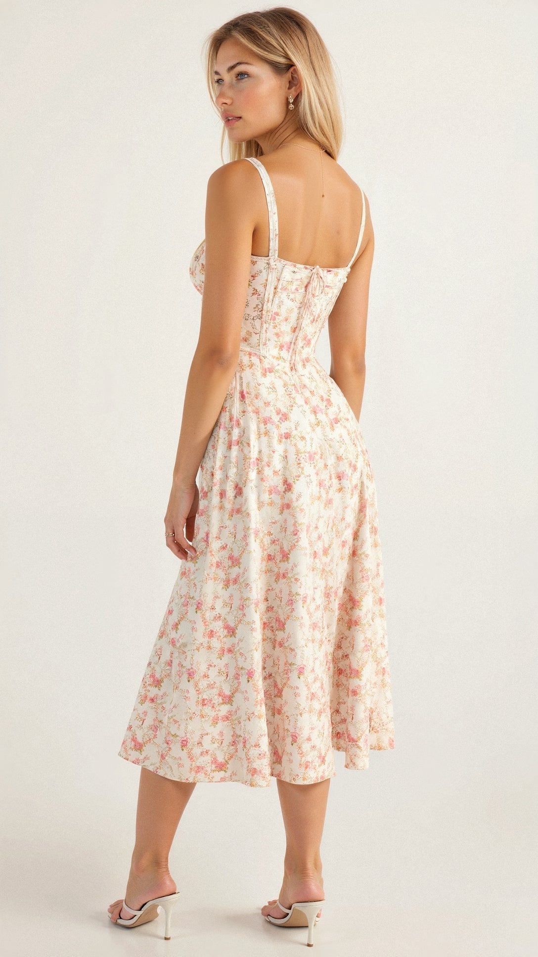 White floral waist dress with square neckline and spaghetti straps
