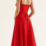 Red solid waist dress with square neckline and ruched bodice