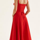 Red solid waist dress with square neckline and ruched bodice