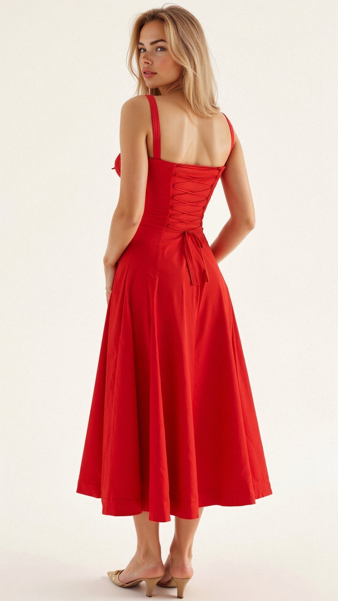 Red solid waist dress with square neckline and ruched bodice