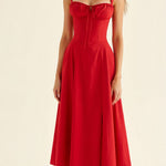 Red midi dress with spaghetti straps and ruched bodice, gathered waist, sleeveless