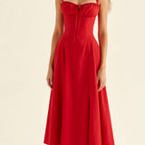 Red midi dress with spaghetti straps and ruched bodice, gathered waist, sleeveless