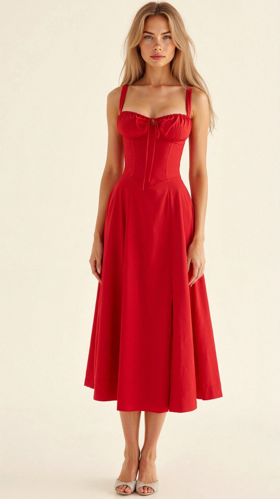 Red midi dress with spaghetti straps and ruched bodice, gathered waist, sleeveless