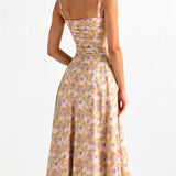 Light floral waist dress with open back and thin shoulder straps