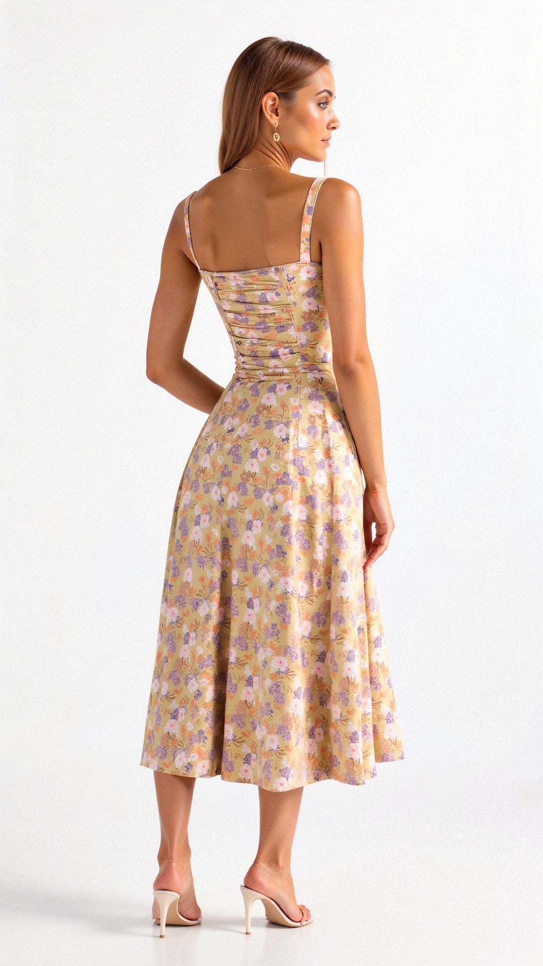 Light floral waist dress with open back and thin shoulder straps