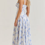 Light blue floral waist dress with square neckline and backless bodice
