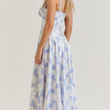 Light blue floral waist dress with square neckline and backless bodice