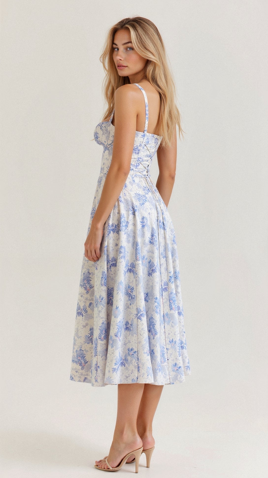 Light blue floral waist dress with square neckline and backless bodice