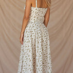 White floral waist dress with square neckline and thin shoulder straps