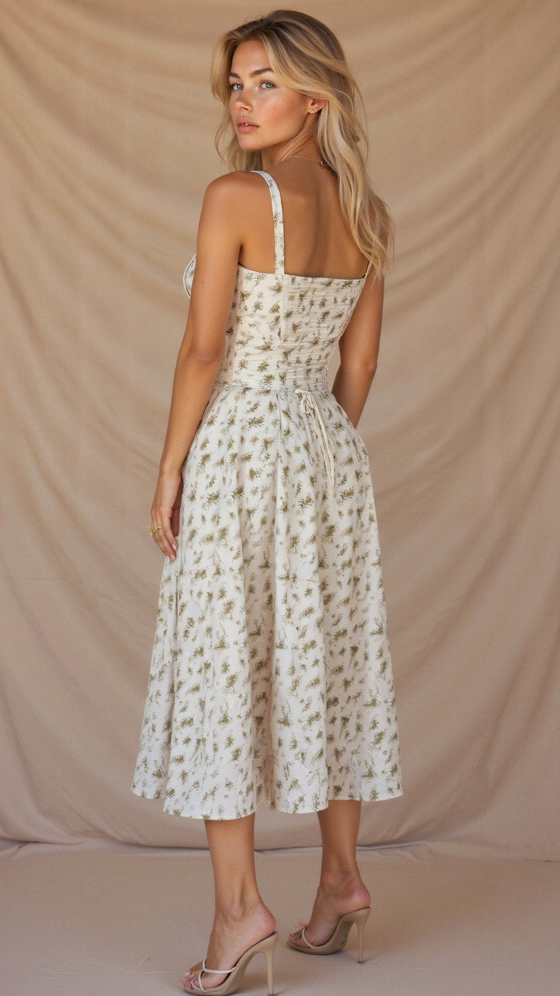 White floral waist dress with square neckline and thin shoulder straps