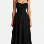 Black midi dress with spaghetti straps, ruched bust, gathered waist, sleeveless