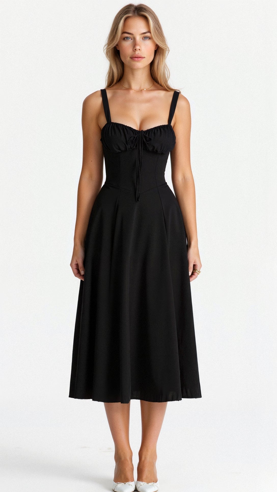 Black midi dress with spaghetti straps, ruched bust, gathered waist, sleeveless