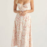 Pink floral midi dress with spaghetti straps, ruched bodice, gathered waist, sleeveless