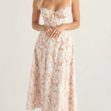 Pink floral midi dress with spaghetti straps, ruched bodice, gathered waist, sleeveless