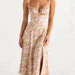 Floral midi dress with spaghetti straps, ruched square neckline, gathered waist, sleeveless