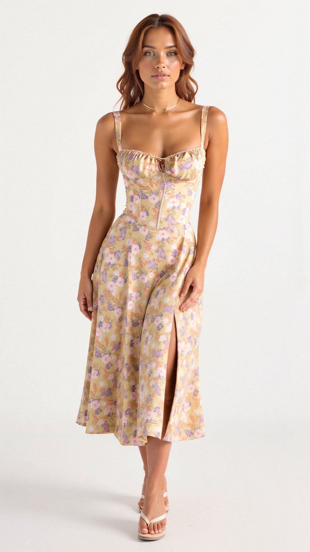 Floral midi dress with spaghetti straps, ruched square neckline, gathered waist, sleeveless