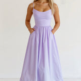 Women’s sleeveless midi dress, lavender with thin straps and gathered skirt