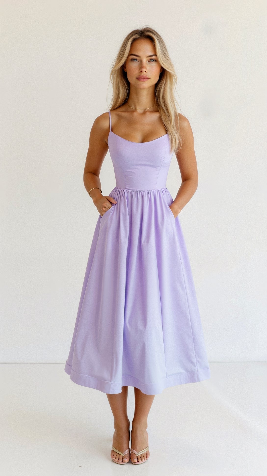 Women’s sleeveless midi dress, lavender with thin straps and gathered skirt