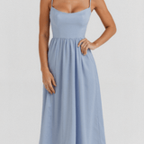 Women’s sleeveless midi dress, powder blue with thin straps and elastic waist seam