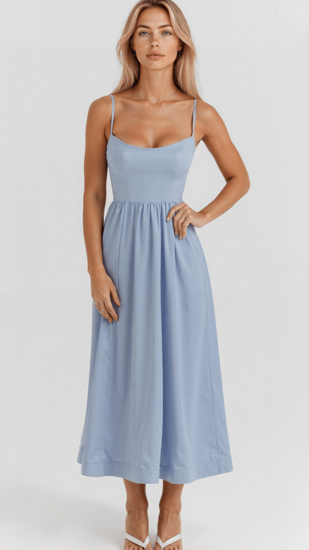 Women’s sleeveless midi dress, powder blue with thin straps and elastic waist seam