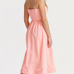 Women’s sleeveless midi dress, coral-pink with thin straps and gathered skirt