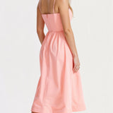 Women’s sleeveless midi dress, coral-pink with thin straps and gathered skirt