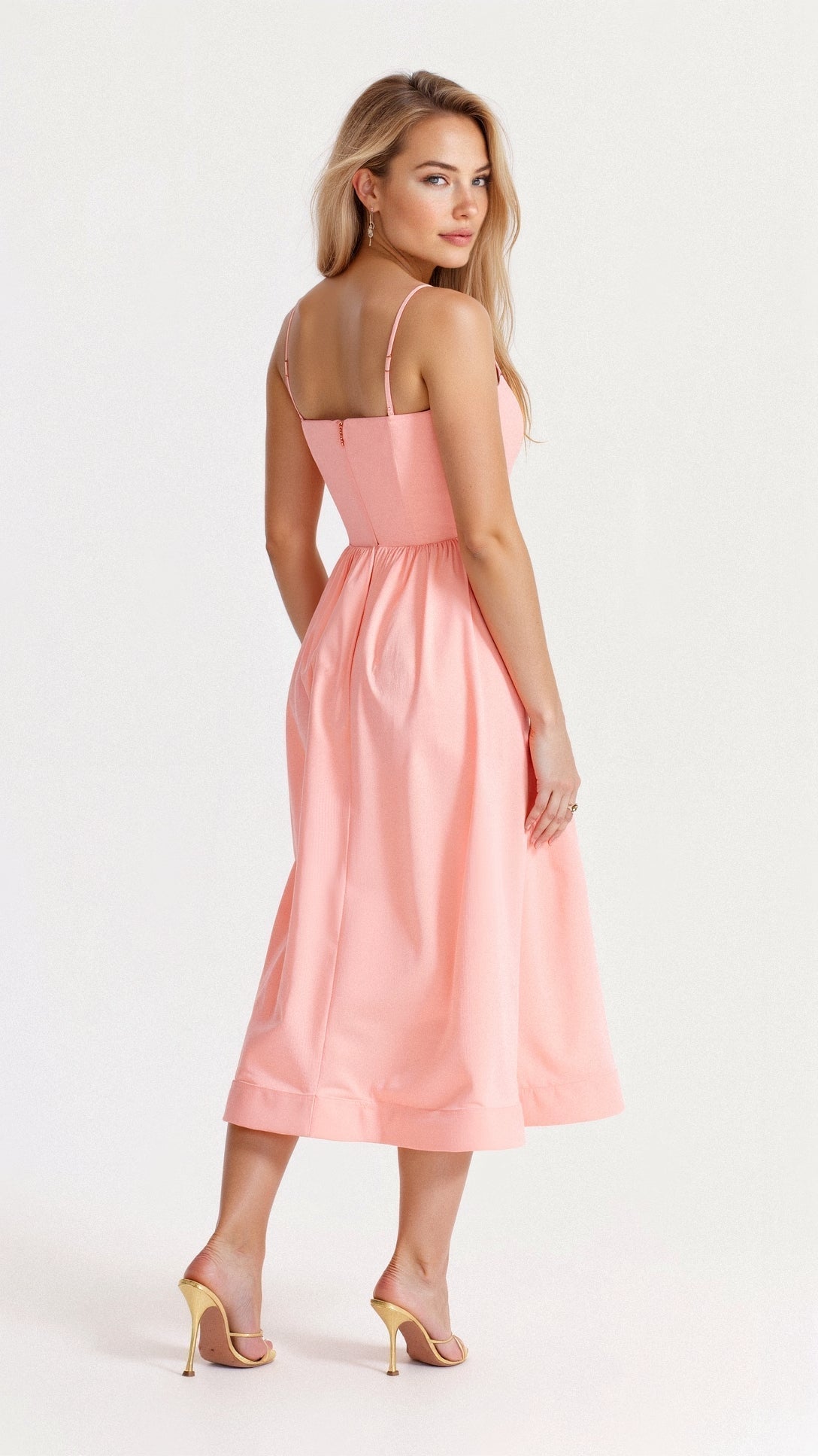 Women’s sleeveless midi dress, coral-pink with thin straps and gathered skirt
