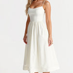 Women’s sleeveless midi dress, off-white square neckline with gathered waist