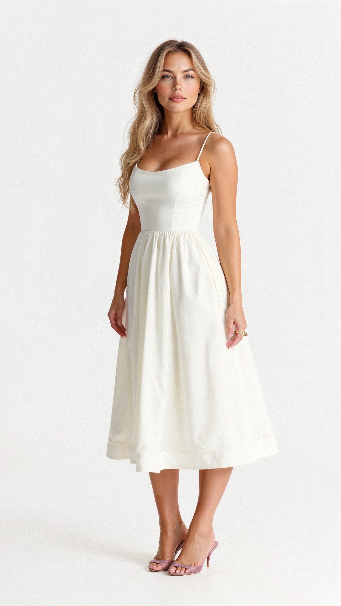 Women’s sleeveless midi dress, off-white square neckline with gathered waist