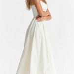 Women’s sleeveless midi dress, white with thin straps and gathered waist