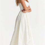 Women’s sleeveless midi dress, white with thin straps and gathered waist