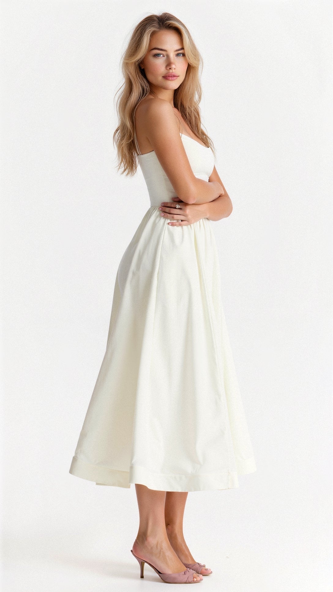 Women’s sleeveless midi dress, white with thin straps and gathered waist