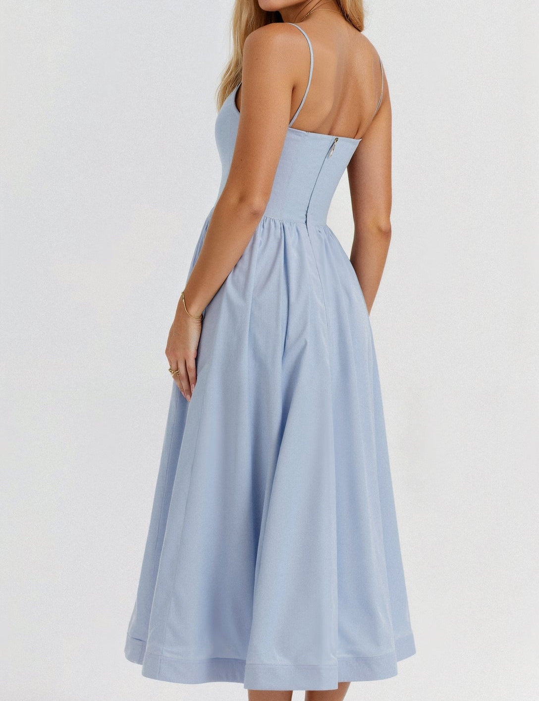 Women’s sleeveless midi dress, light blue gathered waist and fitted bodice
