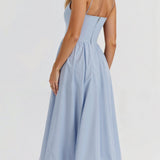 Women’s sleeveless midi dress, light blue gathered waist and fitted bodice