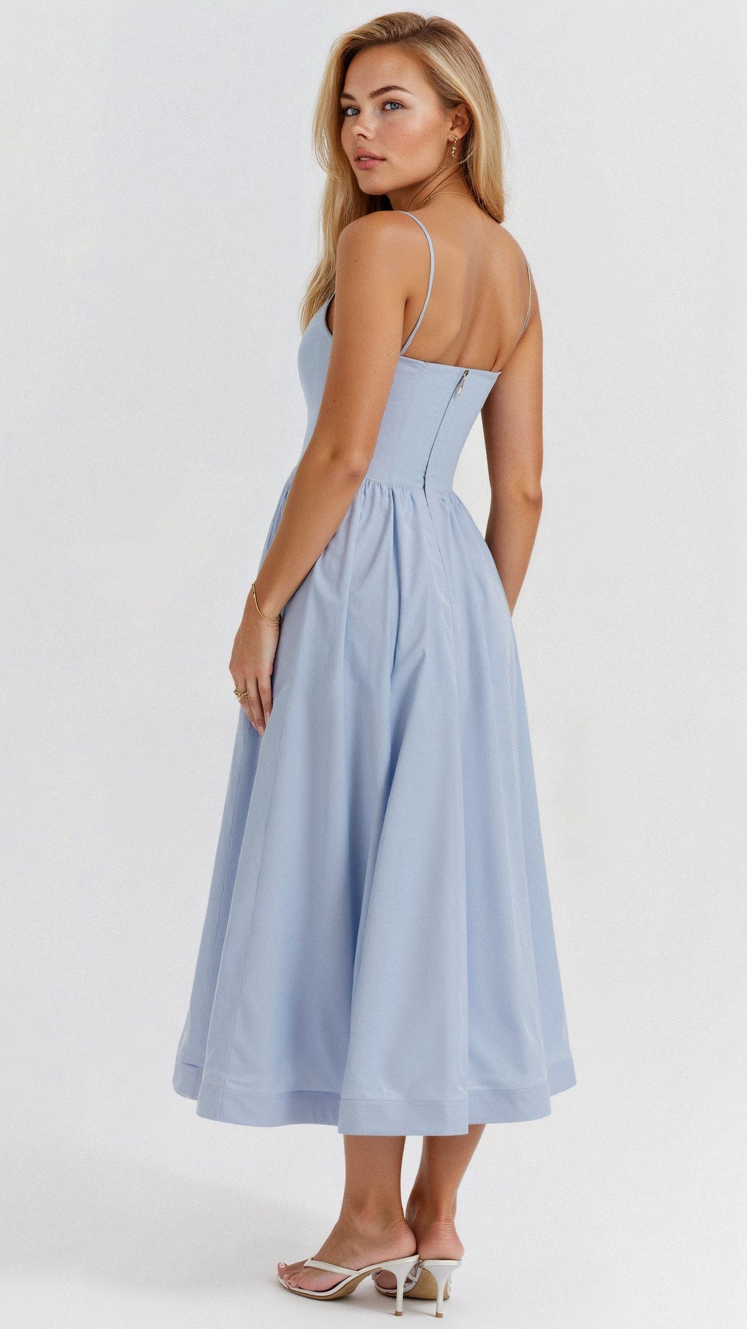Women’s sleeveless midi dress, light blue gathered waist and fitted bodice